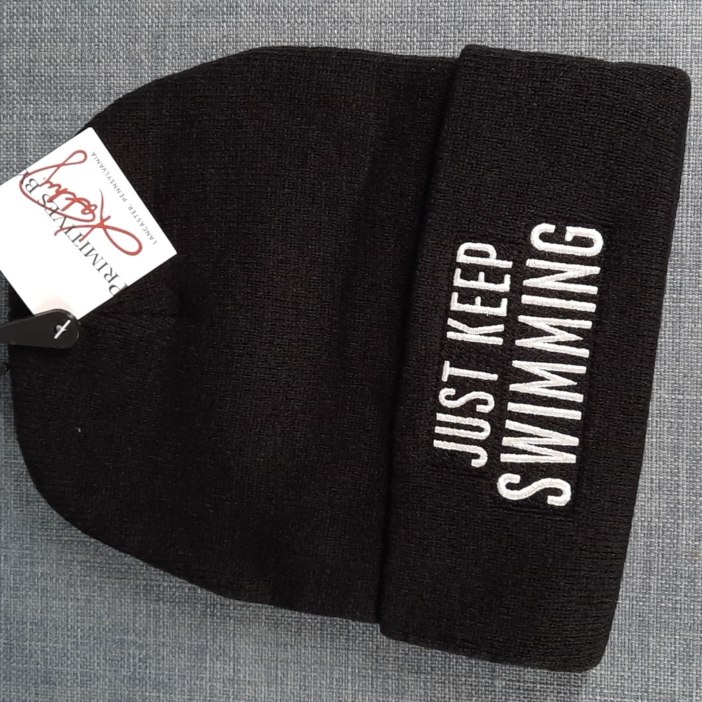 Knit Beanie Fun Funny Just Keep Swimming On Embroidered Casual Streetwear Black